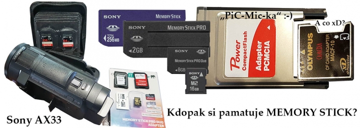 Sony AX33, představovaný adaptér a karty z historie