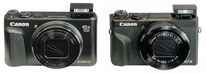 Canon PowerShot SX740 a G7X MIII v předním pohledu