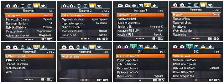 Sony ZV-1: nabídky Nastavení a Sítě čili bezdrátové komunikace